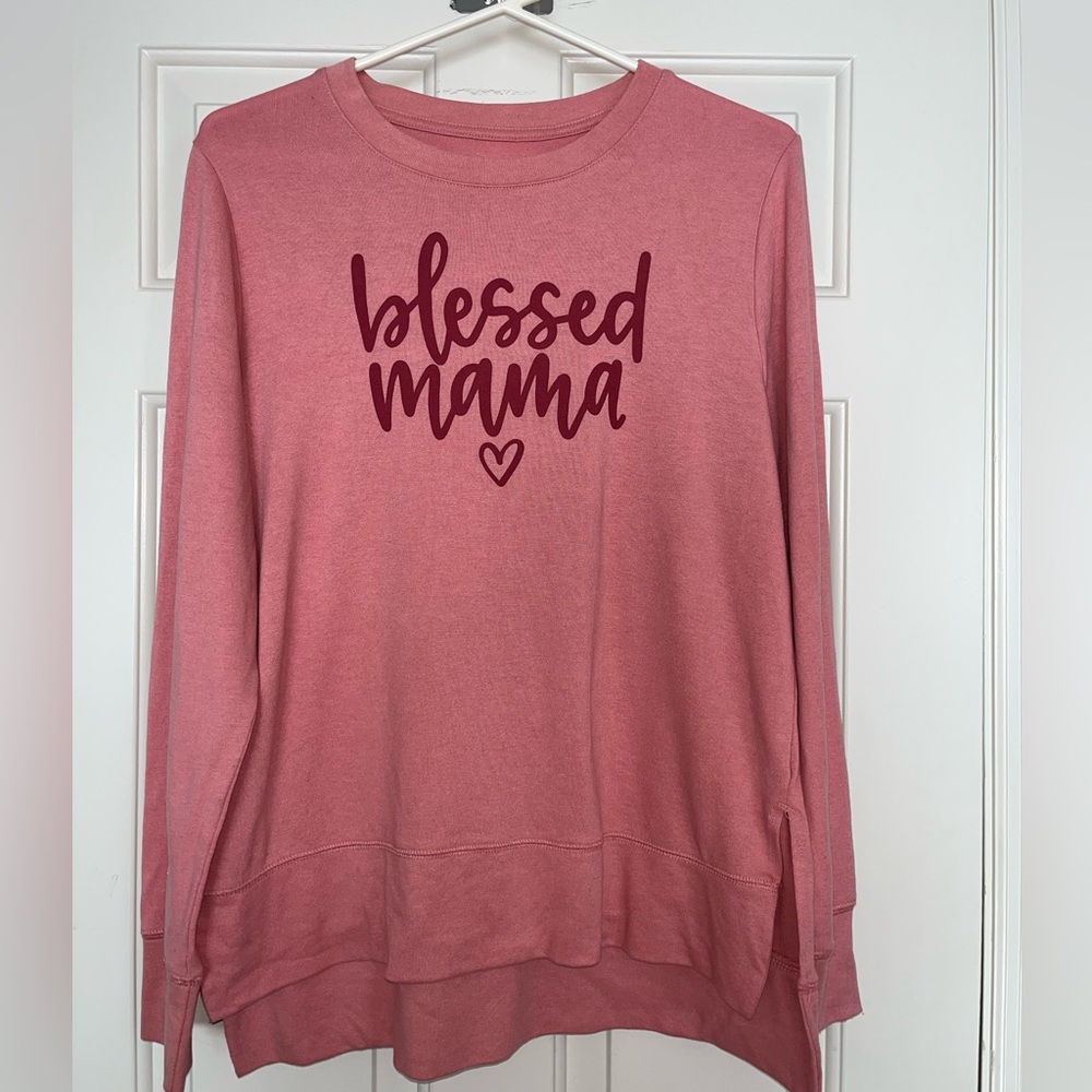 PositivTees “Blessed Mama” Long Sleeve Graphic Top Pink | Size M